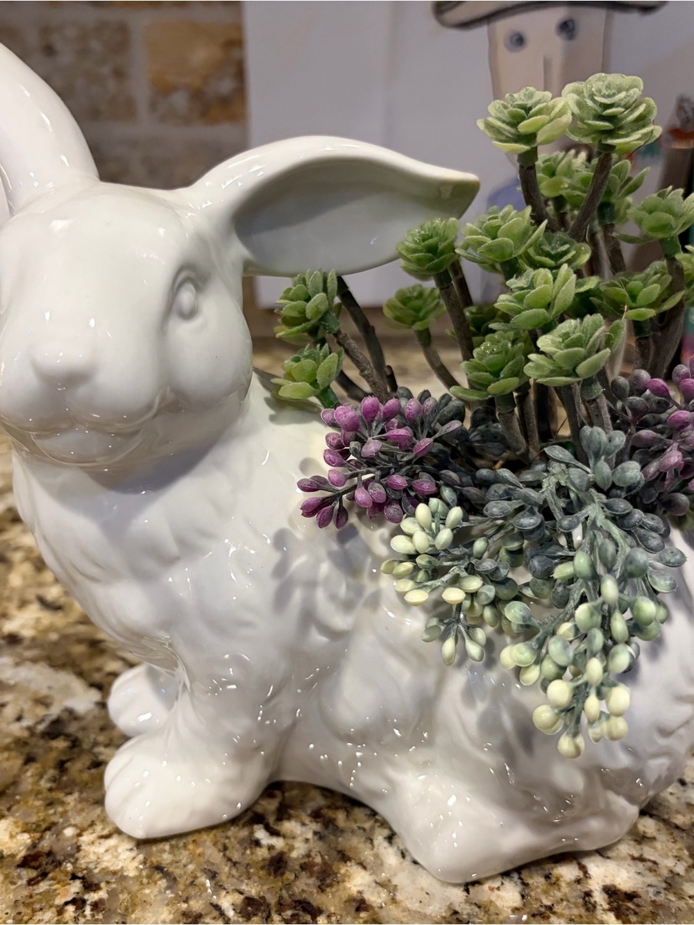 White Ceramic Bunny Planter with Green and Purple Succulent Accents by